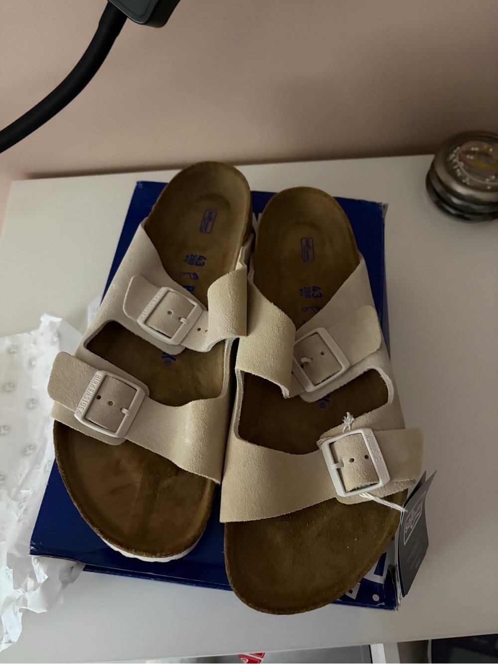 Unisex woman Beige Two-Strap Buckle Sandals